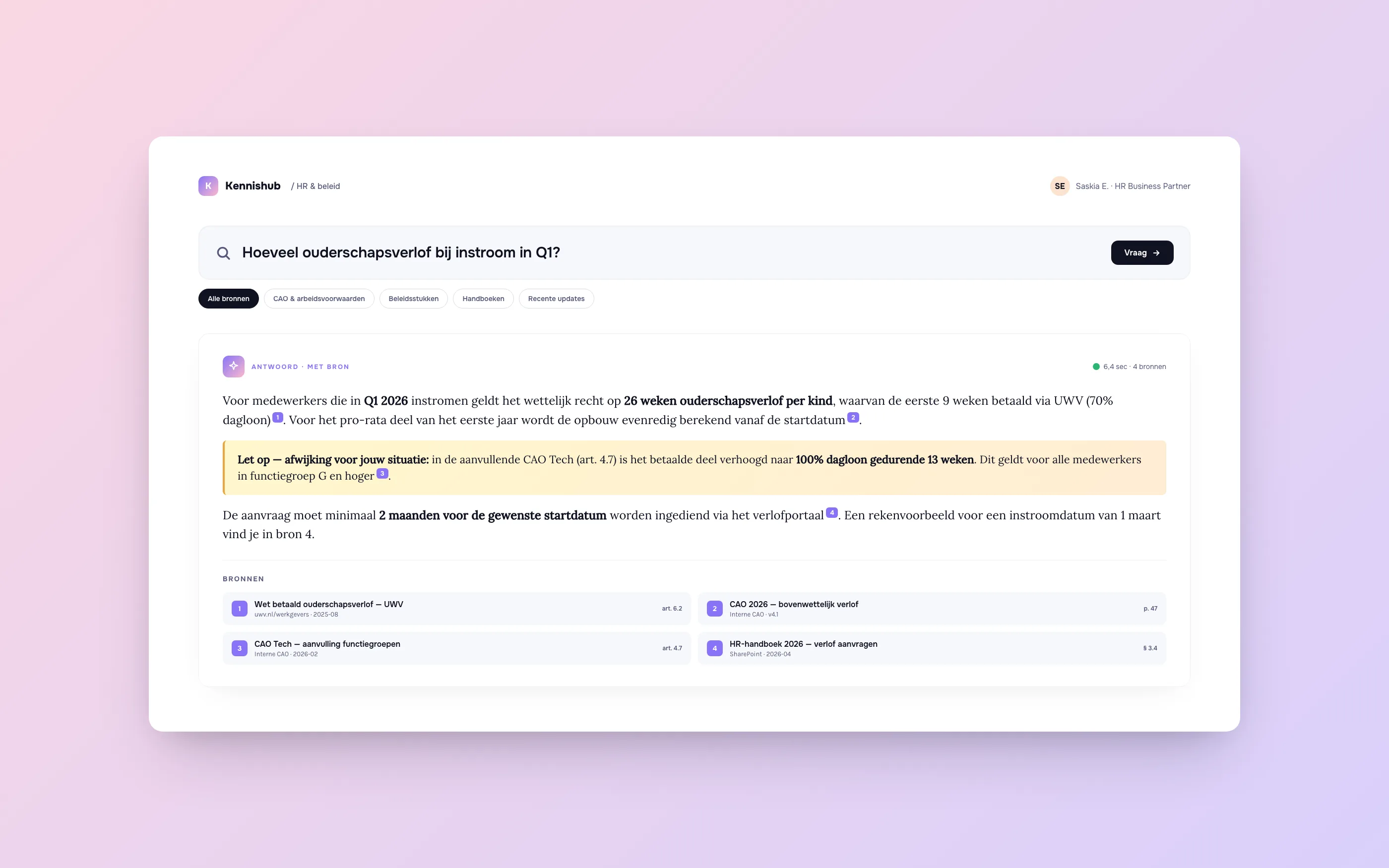 Interne kennisbank-search: AI-antwoord met bronvermelding uit HR-documenten